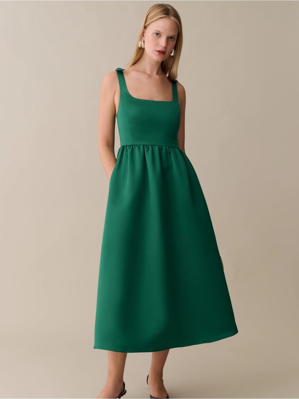 Annie Emerald Green Square-Neck Midi Dress